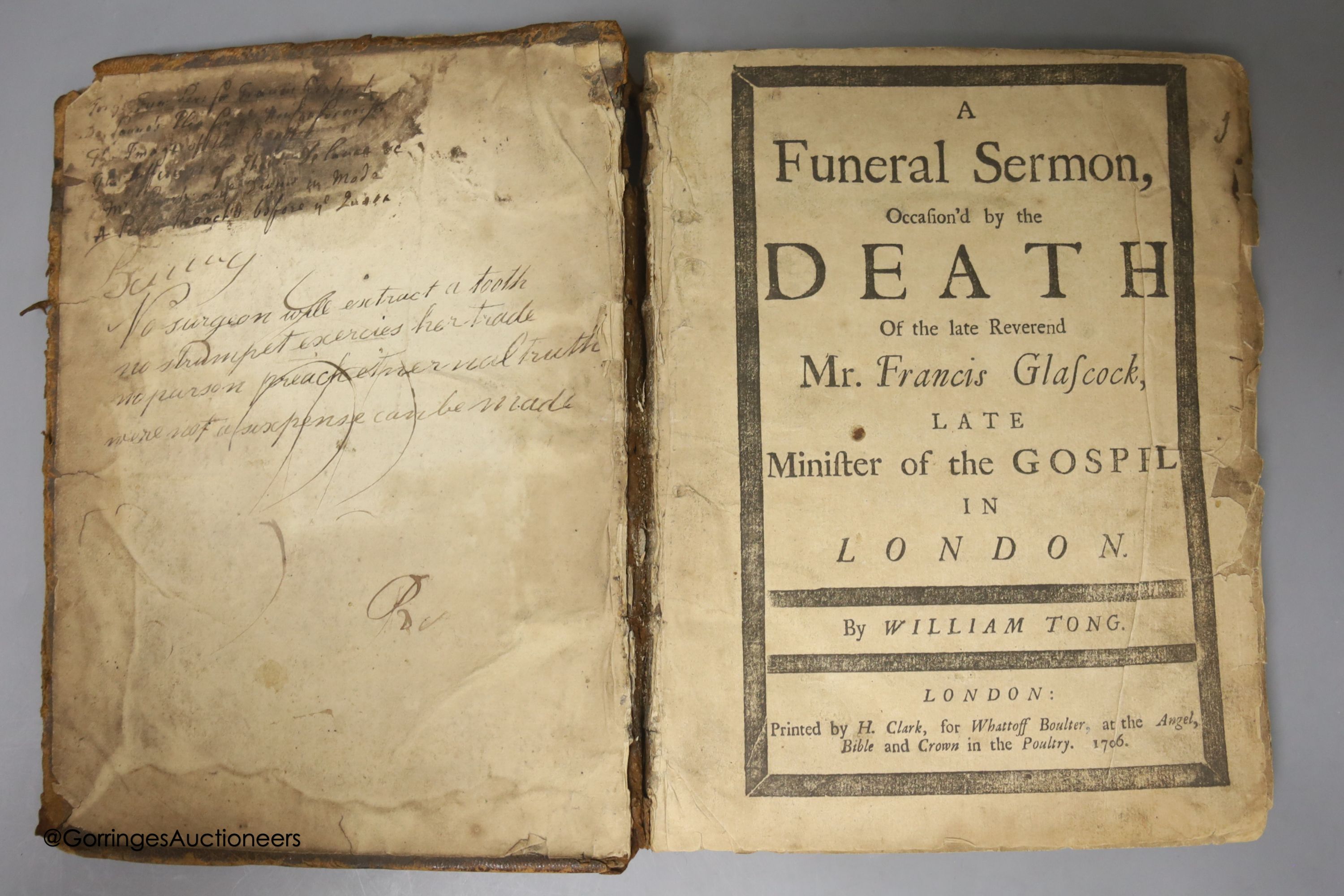 A leather bound volume of 17th / 18th century pamphlets, including a 1706 book on The Funeral Sermon of the late Mr Francis G......